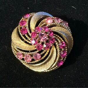 Vintage Gold and Pink Spiral Brooch with Rhinestones